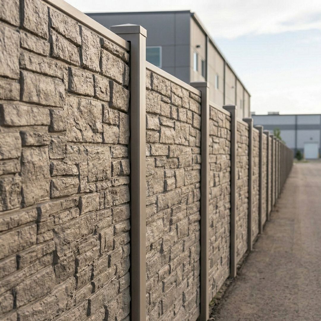 A square-format photograph, maintaining the realistic, high-quality professional stock photography style established in the other images, looks along the finished line of the non-combustible concrete fencing that recedes along a large commercial property, demonstrating enduring protection.