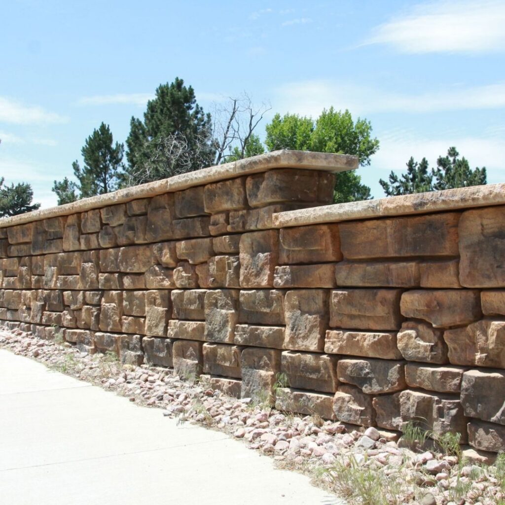 a large stone retaining wall