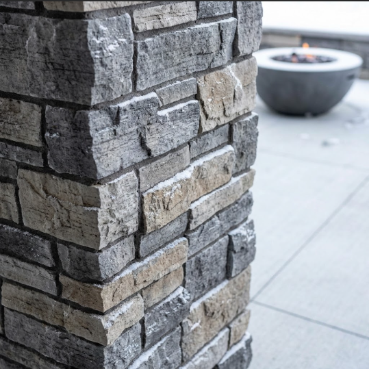 Signature Stone's engineered stone cladding on a modern home withstands intense snow and wind.